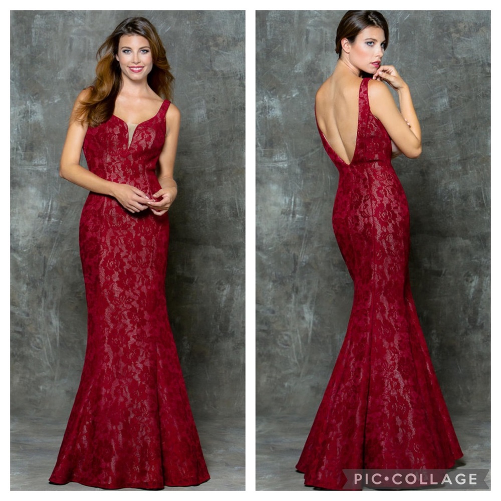 Glow dress NAVY and RED sleeveless low back mermaid lace gown